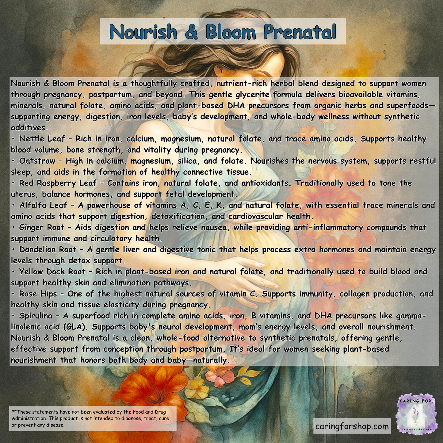 Nourish & Bloom Prenatal Glycerite | Gentle Herbal Support for Pregnancy, Postpartum & Iron Balance | 4oz | Liquid Drops
