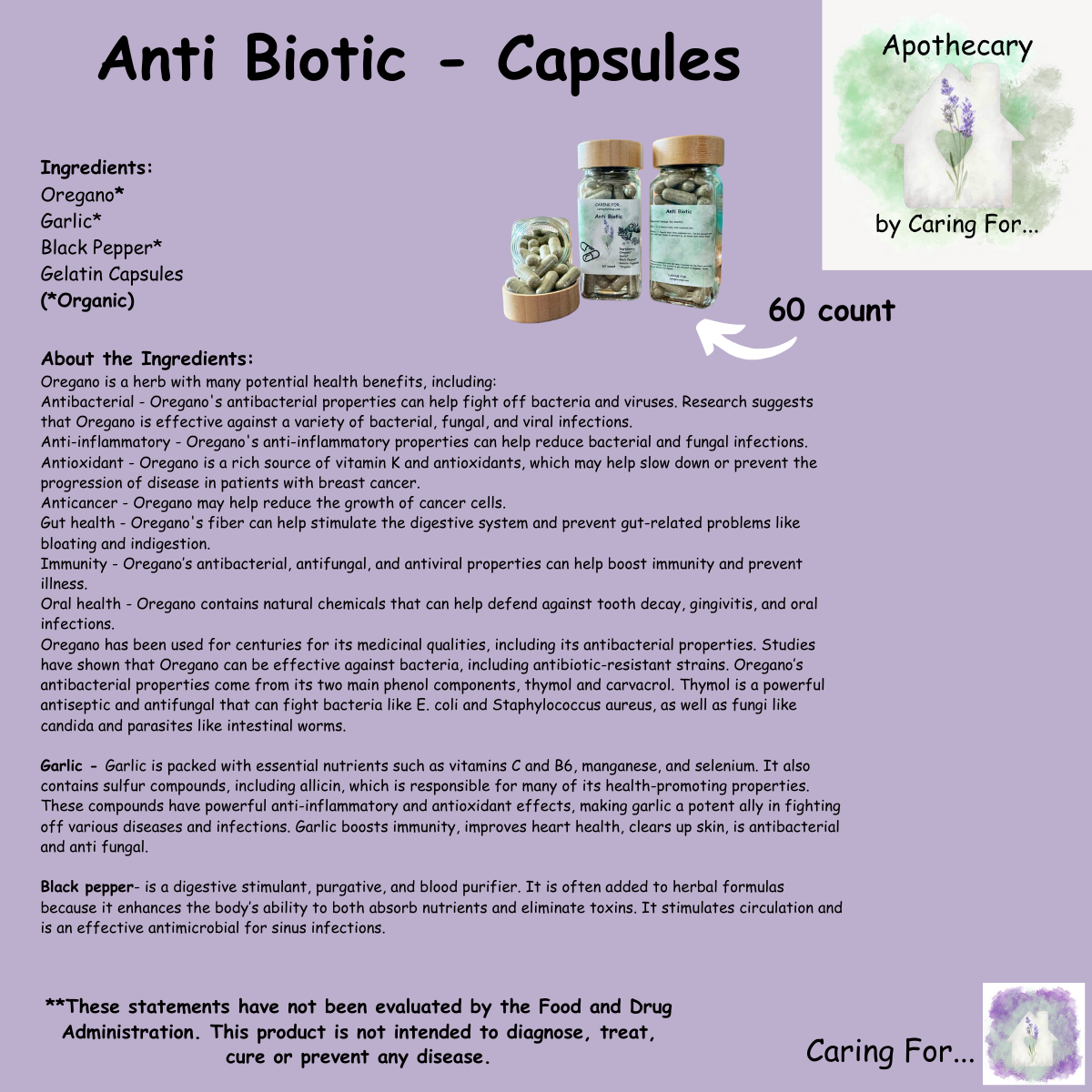 Anti Biotic Capsules |Antibacterial/Antiviral Capsules | Digestive Aid | Apothecary by Caring For... | M/B/T