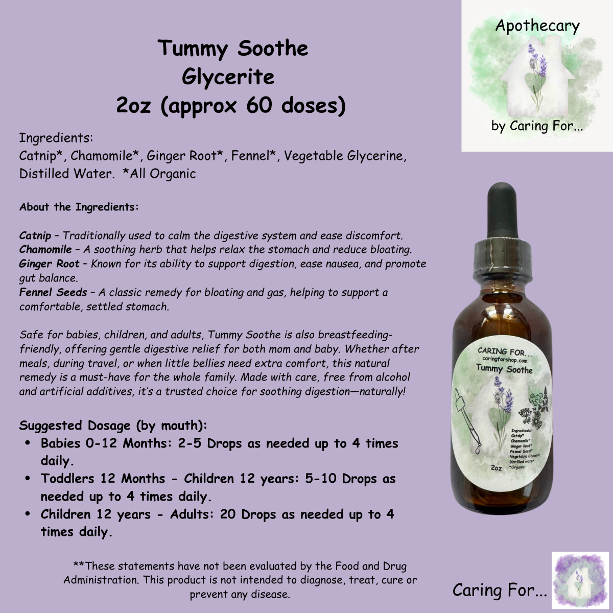 Tummy Soothe Glycerite | 2oz | Apothecary by Caring For... | M/B/T