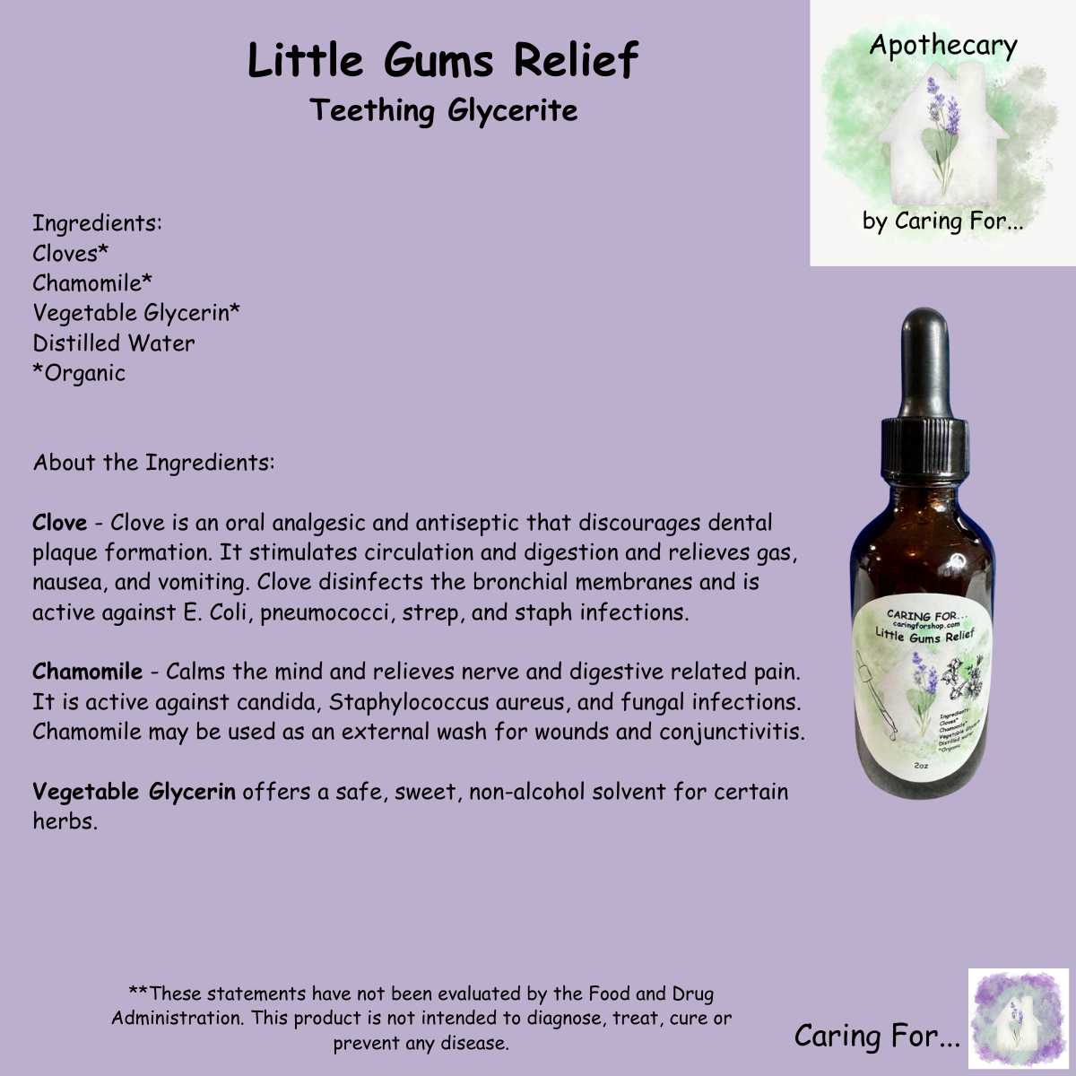 Little Gums Relief | 2oz | Teething Glycerite | Teething Relief | Oral Pain Relief | Apothecary by Caring For... | M/B/T