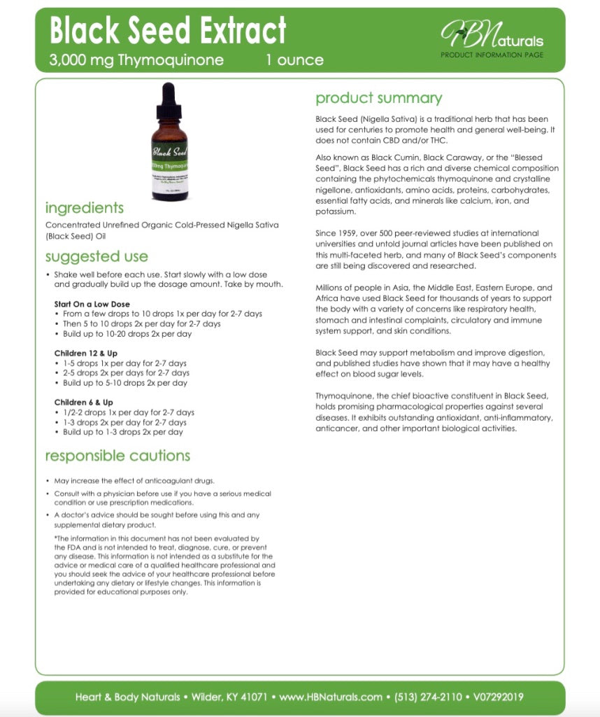 Black Seed Oil | 1oz | Full Spectrum | 3,000mg Thymoquinone | Heart & Body Naturals | Retail