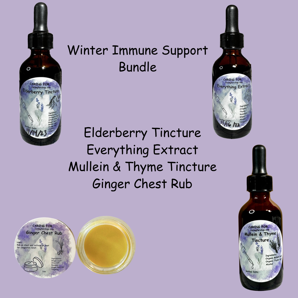 Bundle and Save | Winter Immune Support | Elderberry Tincture, Everything Extract, Mullein & Thyme Tincture, Ginger Chest Rub | Apothecary