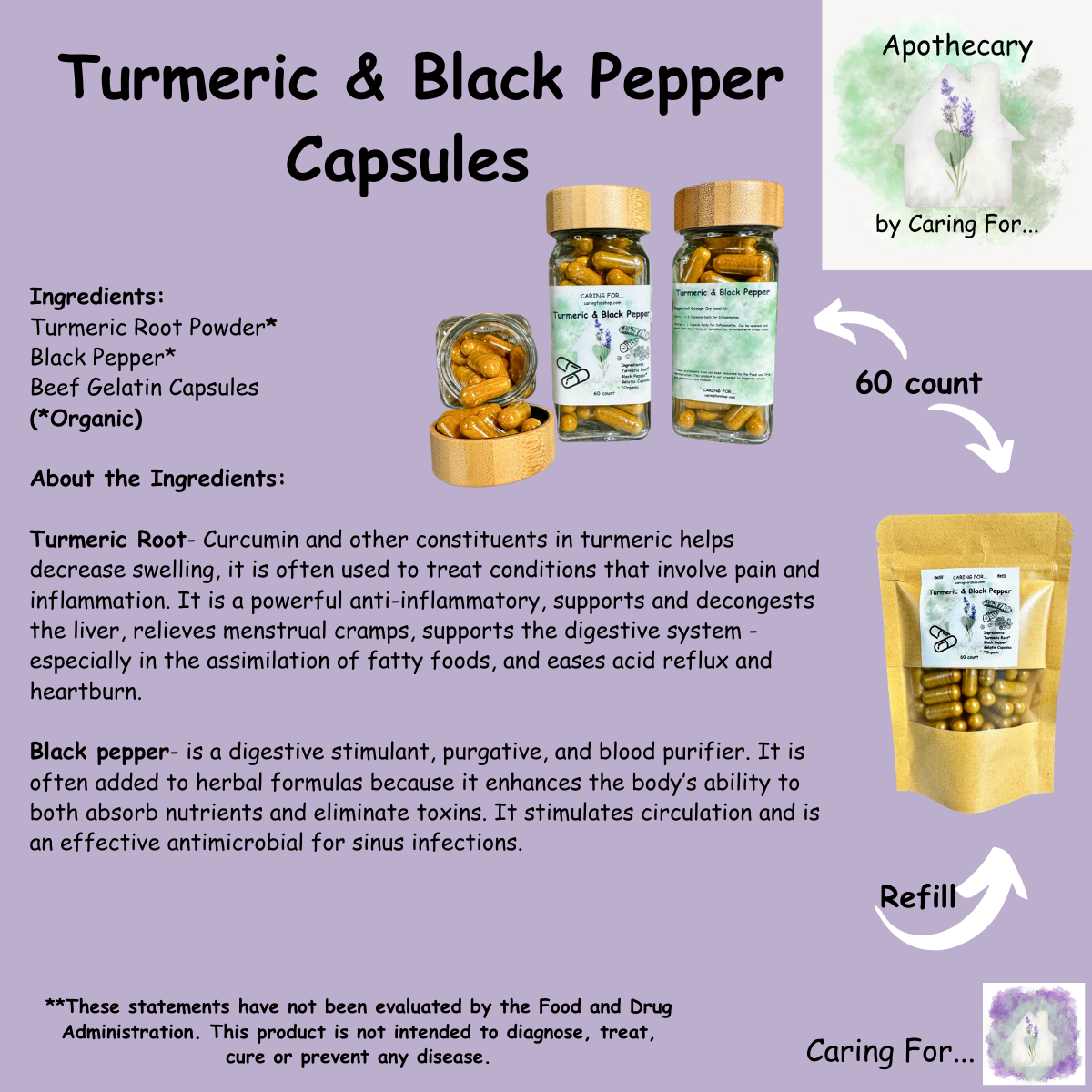 Tumeric & Black Pepper Capsules | Anti-Inflamatory Capsules | Digestive Aid | Apothecary by Caring For...