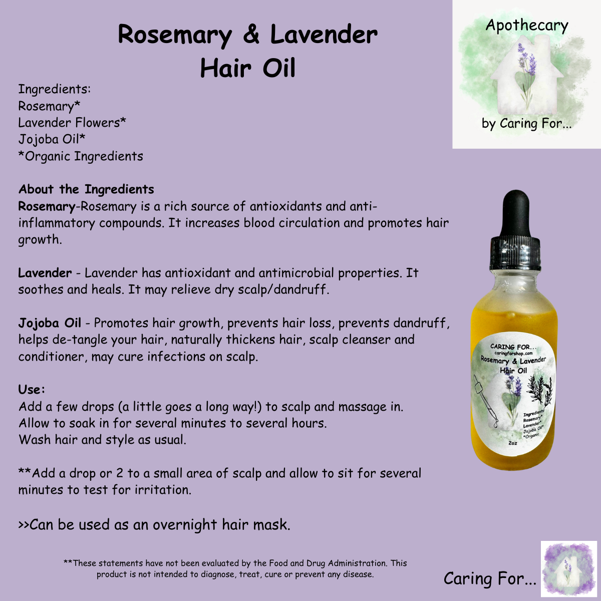 Rosemary & Lavender Hair Oil | Rosemary & Lavender Infused Jojoba Oil | 2oz | Apothecary by Caring For...