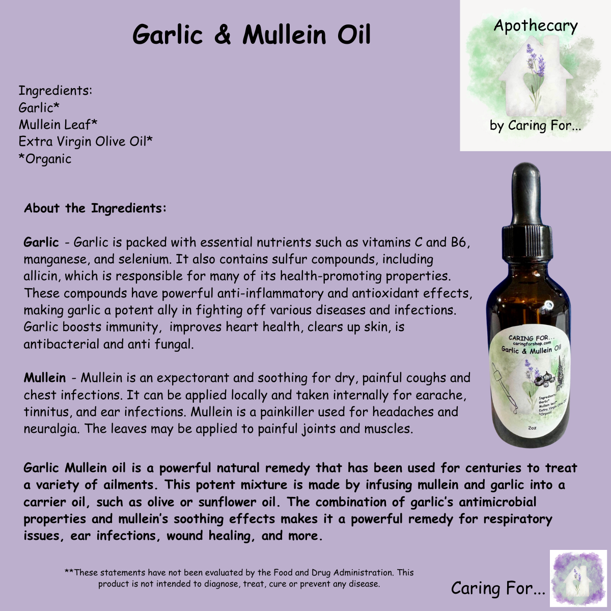 Garlic & Mullein Oil | 2oz | Earache Oil | Pain Relief Oil | Apothecary by Caring For...
