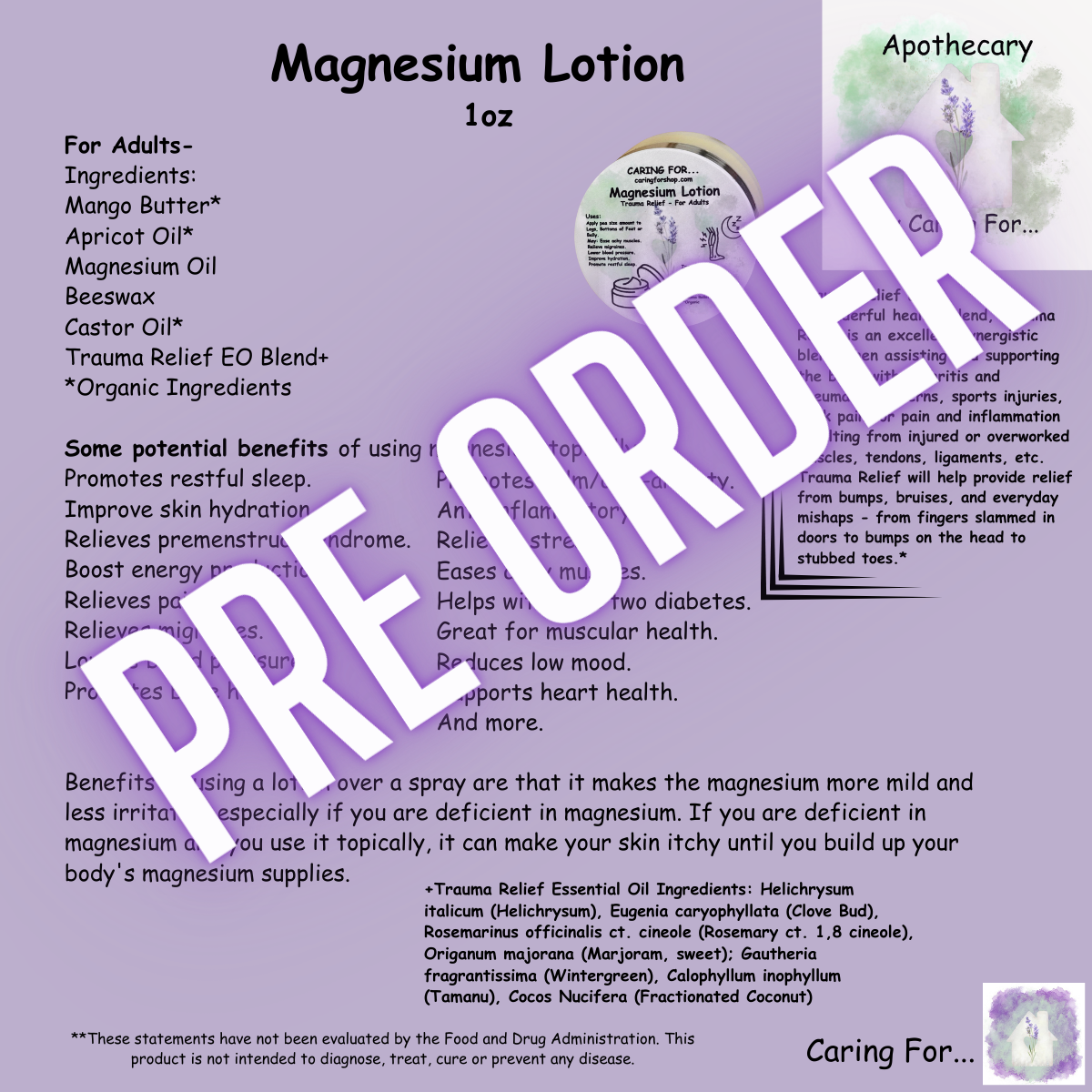 Magnesium Lotion | 1 oz | Check Listing for Options | Apothecary by Caring For... | M/B/T