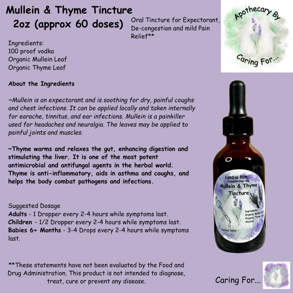 Mullein & Thyme Tincture | 2oz | Lung Health | Pain Reliever | Apothecary By Caring For...